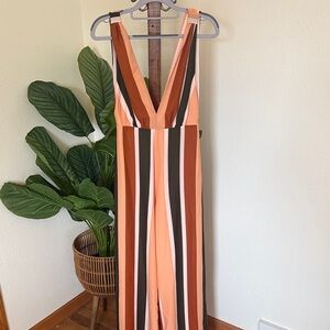 Vici Peach and Brown Striped Wide Leg Jumpsuit